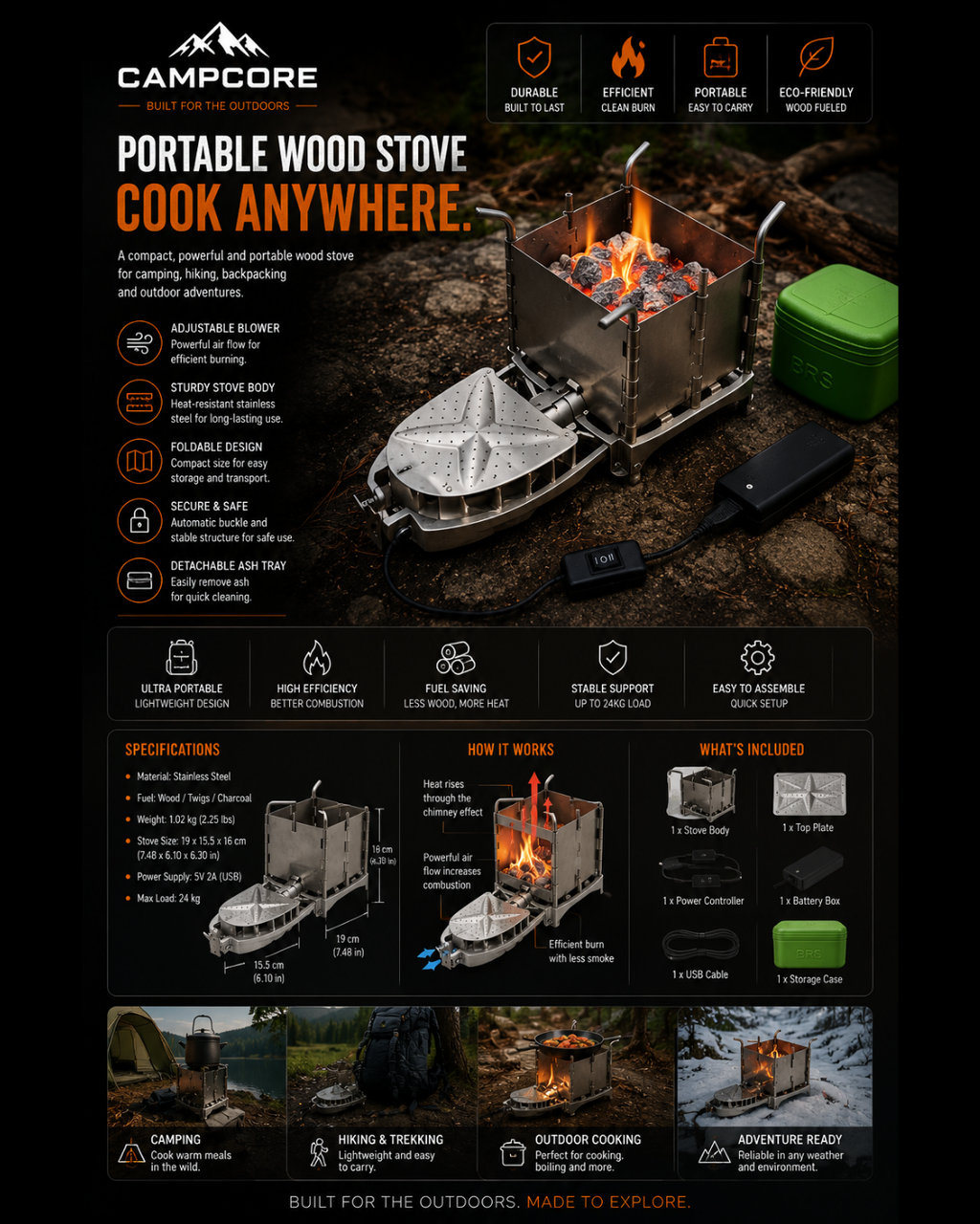 CampCore folding wood stove for camping and outdoor cooking