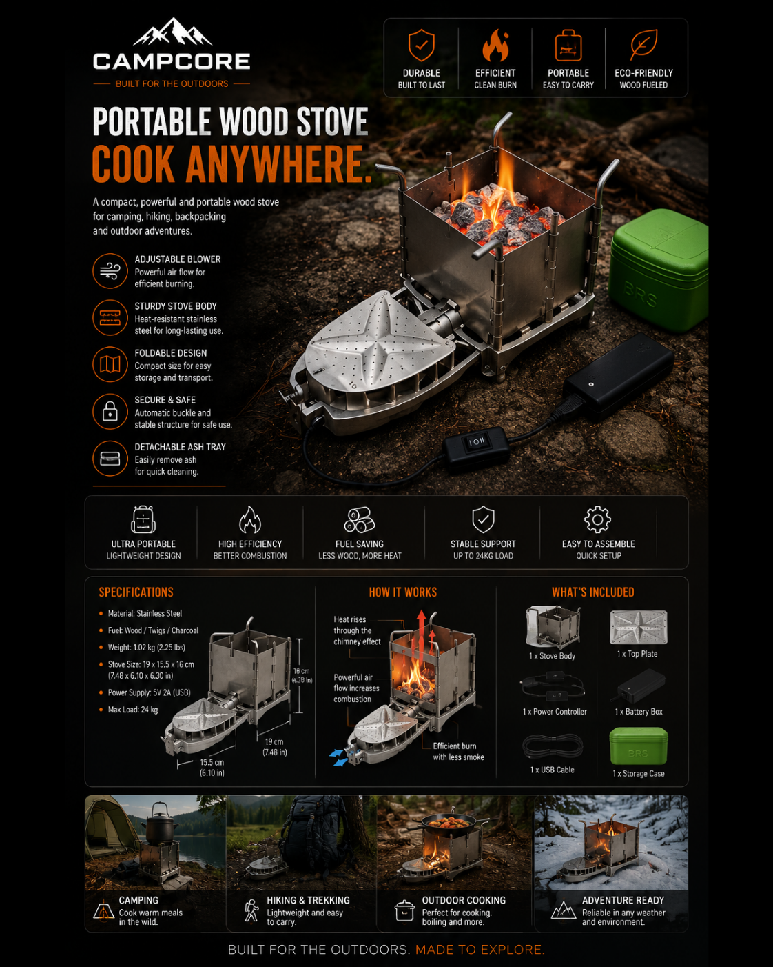 CampCore folding wood stove for camping and outdoor cooking