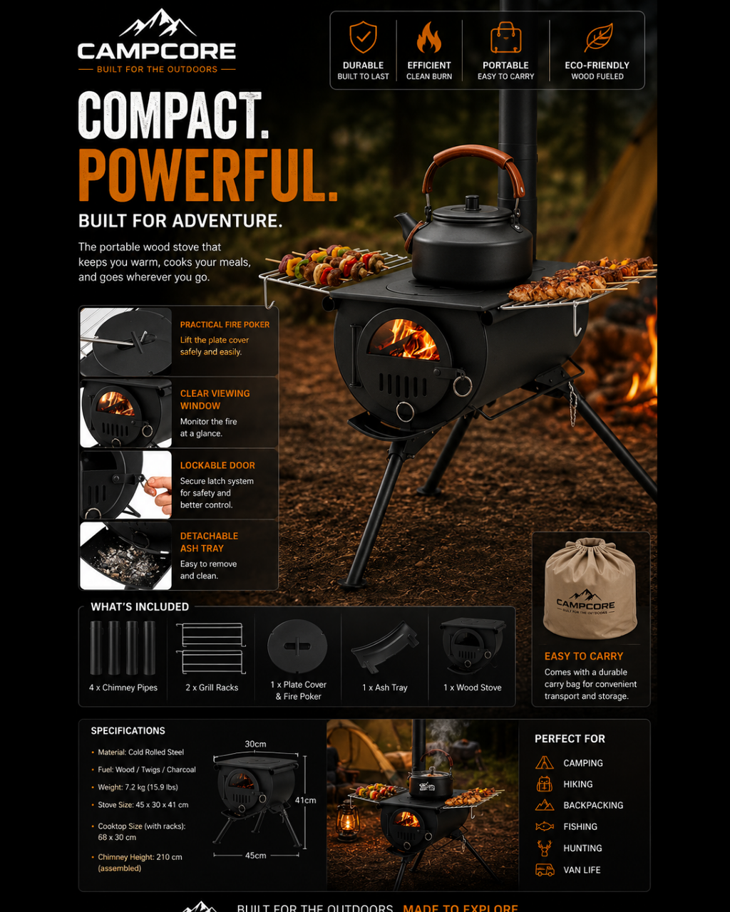Portable Foldable Wood Burning Tent Stove With 5 Sections Chimney, Heavy Duty Carbon Steel Camping Stove With View Window & Cooking Racks For Outdoor Hunting Camping