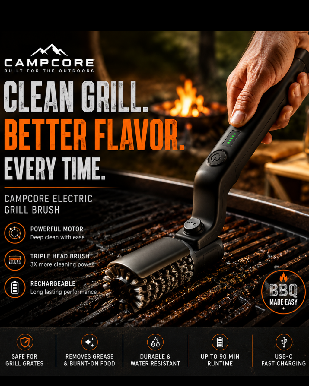 CampCore foldable electric grill brush for BBQ cleaning
