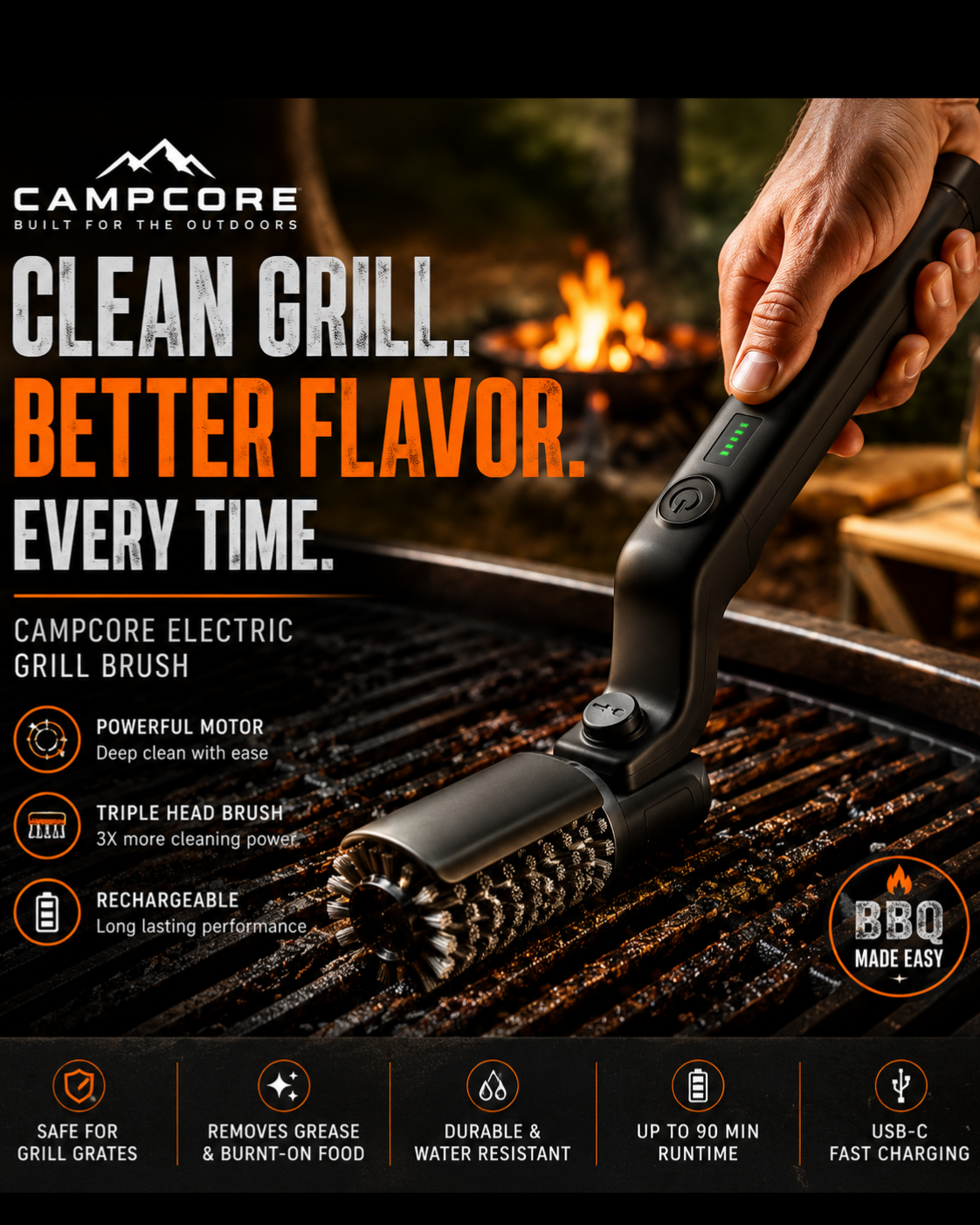 CampCore foldable electric grill brush for BBQ cleaning