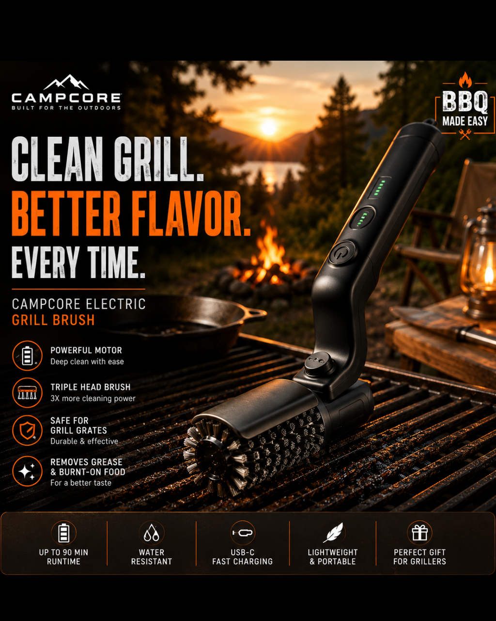 CampCore electric grill brush kit with replacement heads