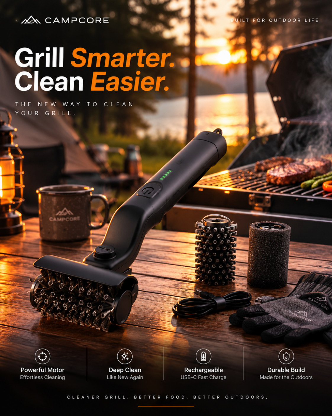 CampCore electric grill brush Pro set with apron