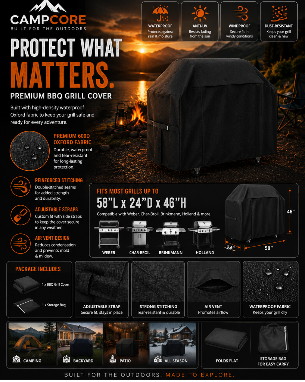 CampCore waterproof BBQ grill cover for outdoor protection