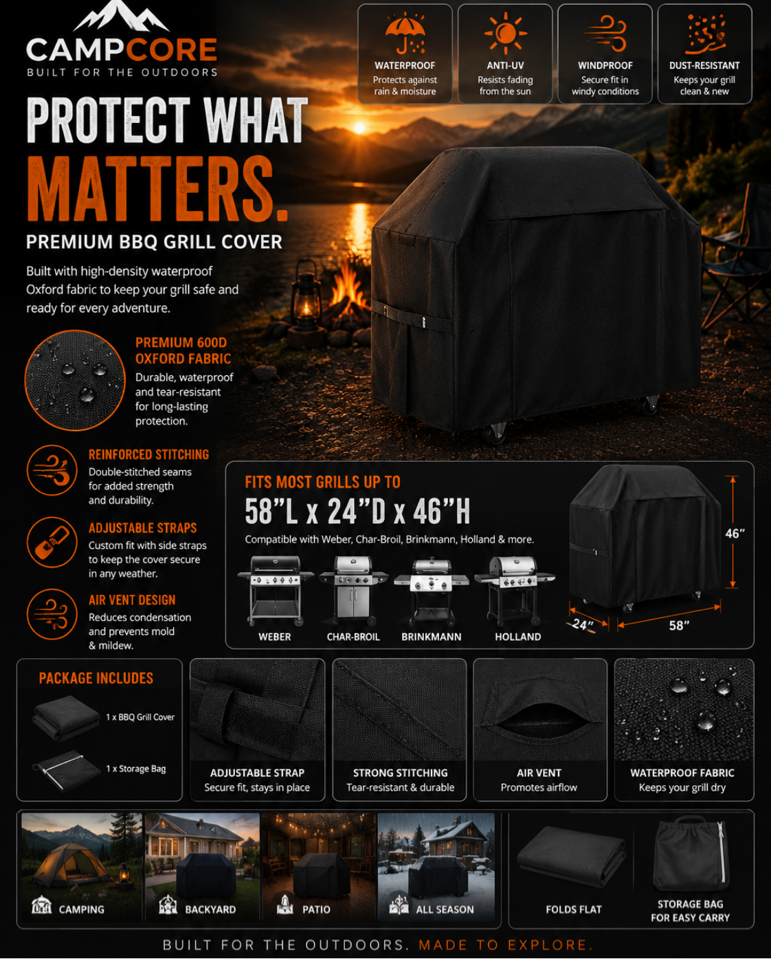CampCore waterproof BBQ grill cover for outdoor protection