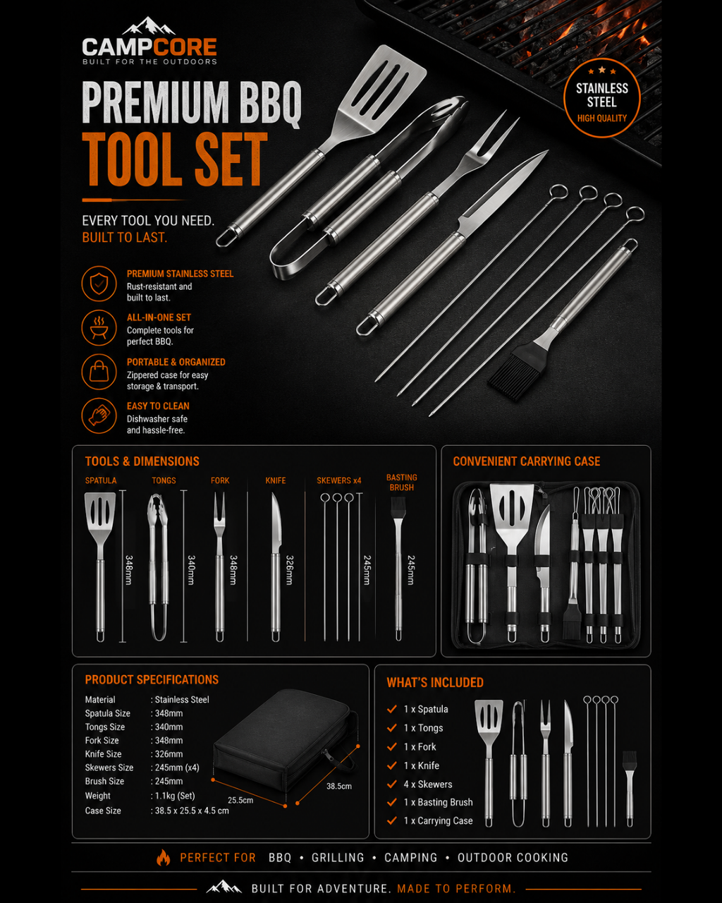 CampCore 10-piece stainless steel BBQ tool set