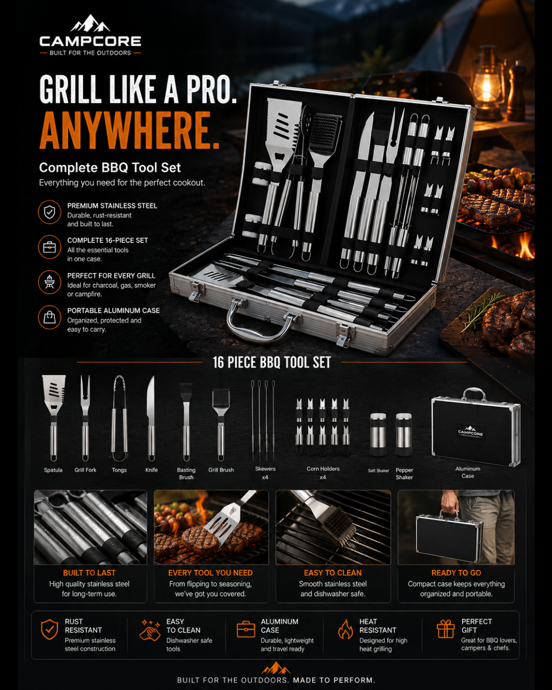 CampCore premium BBQ tool set with aluminum case
