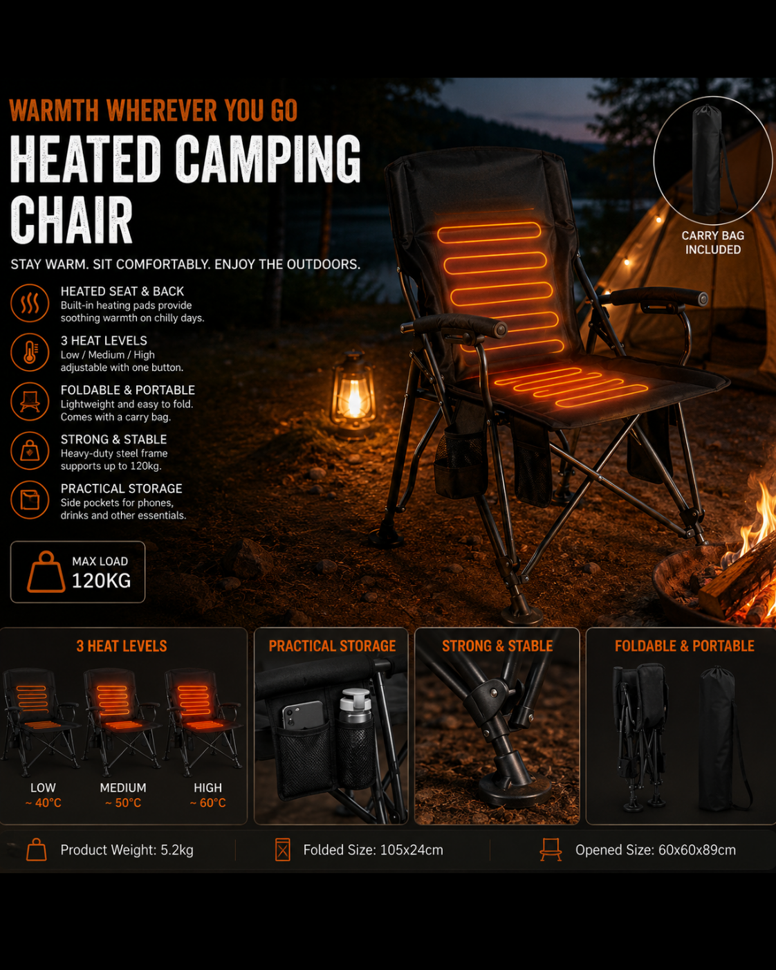 CampCore heated foldable camping chair for cool-weather outdoor comfort
