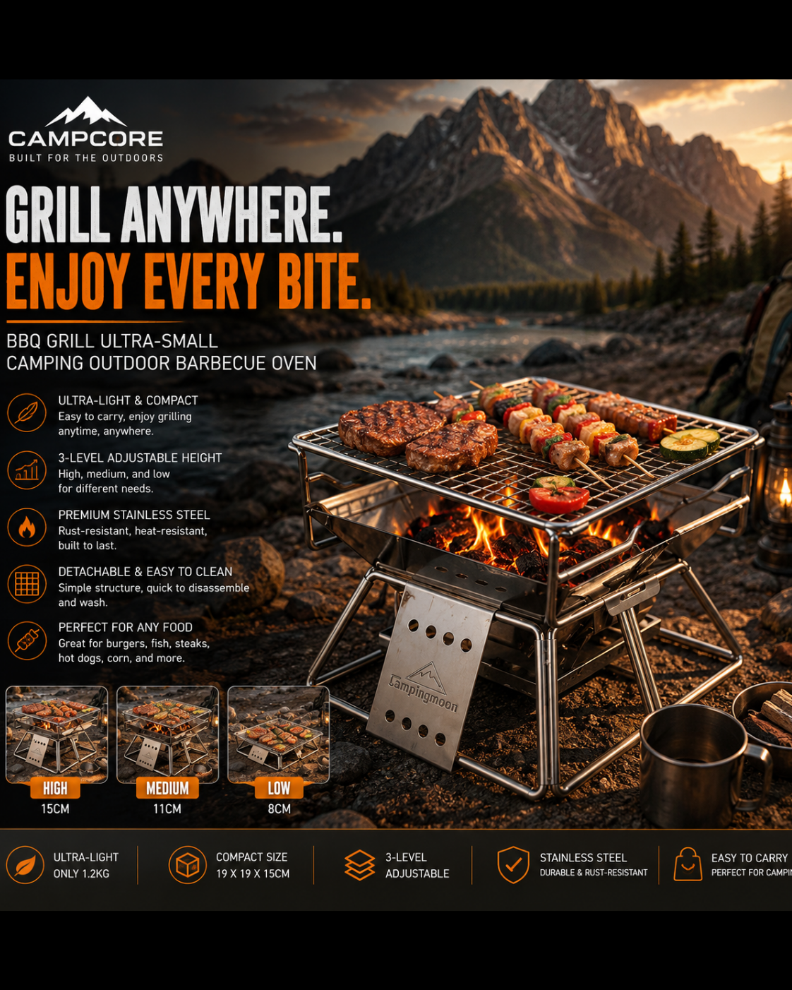 CampCore adjustable folding stainless steel BBQ grill