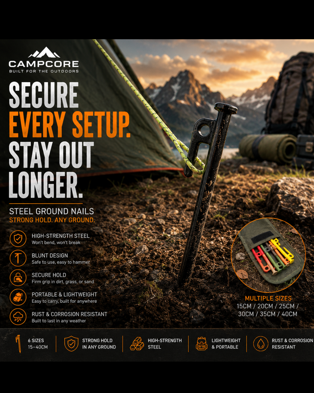 CampCore steel tent stakes for secure camping setup