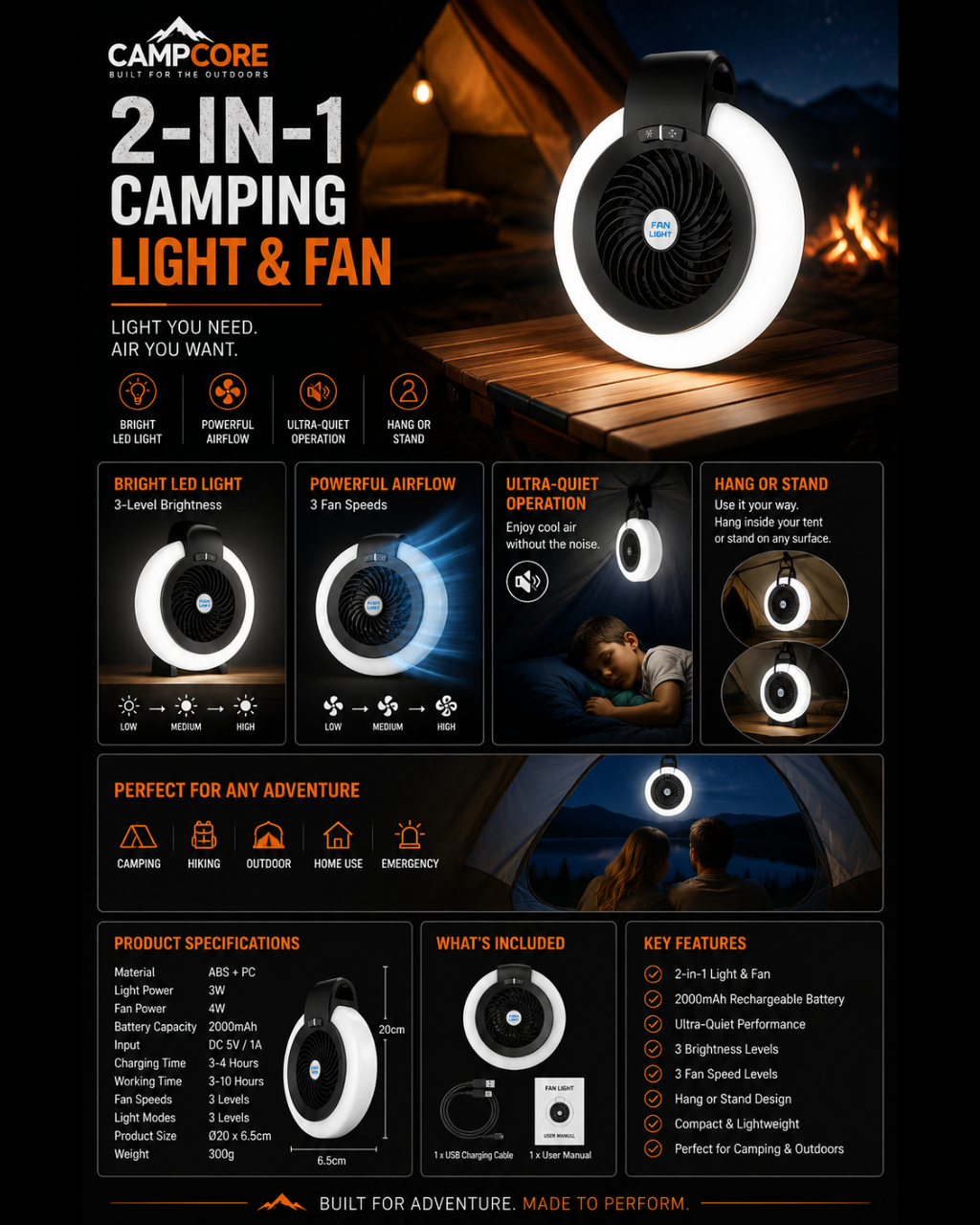 CampCore 2-in-1 tent fan and LED camping light