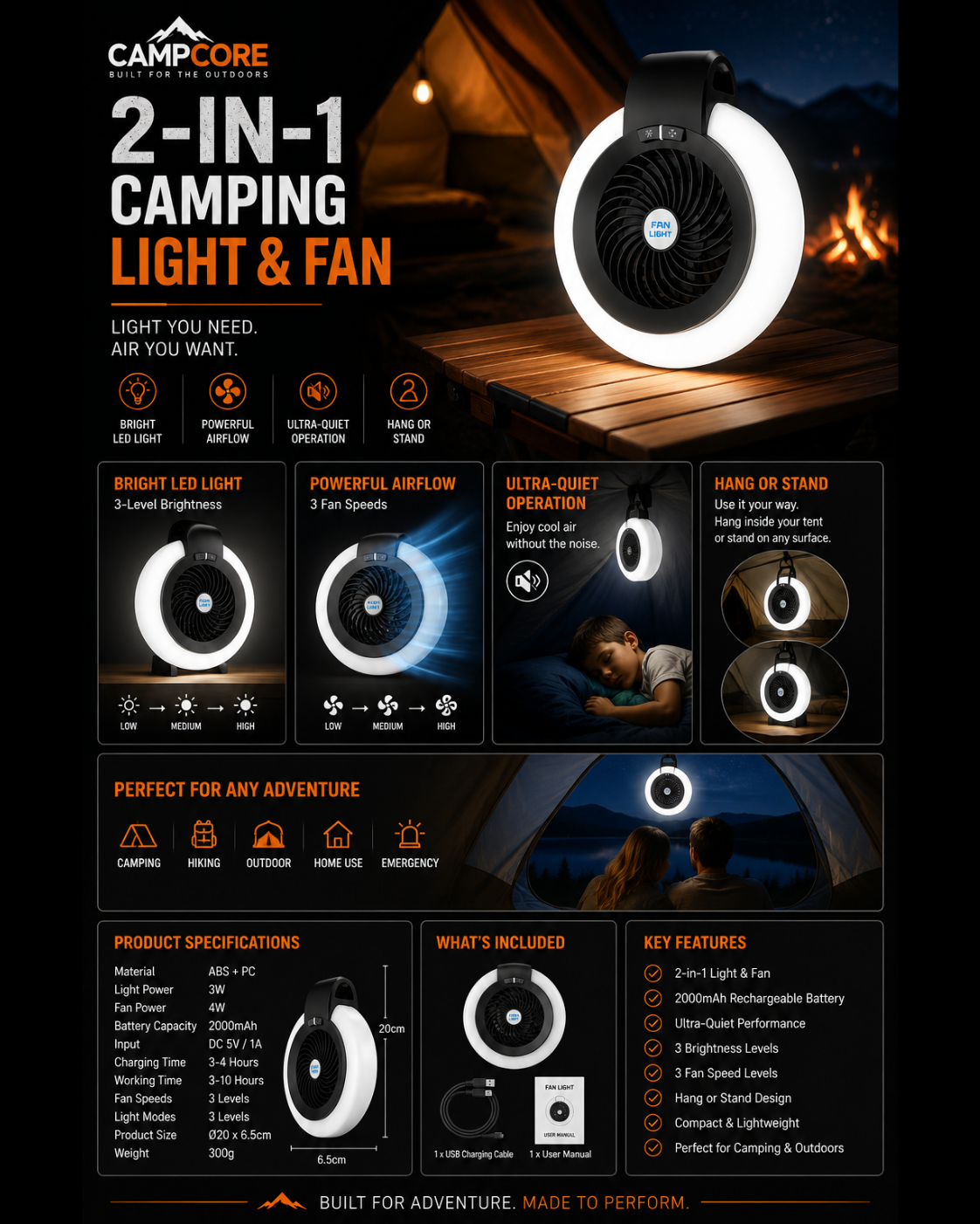 CampCore 2-in-1 tent fan and LED camping light