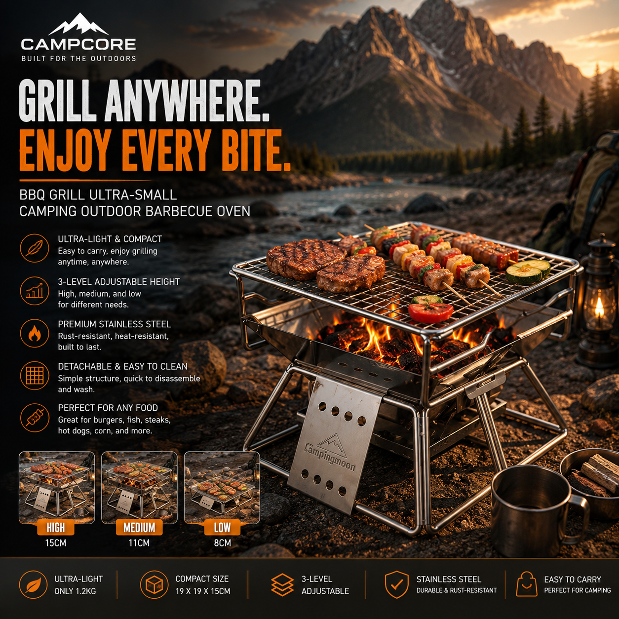 CampCore Verstellbarer faltbarer BBQ-Grill