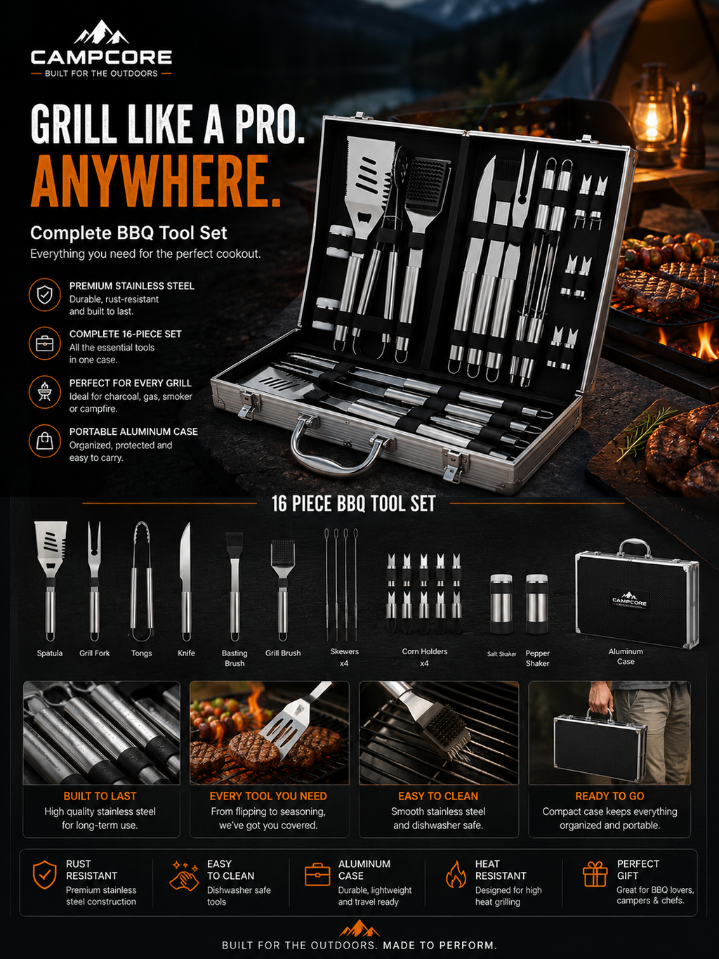 CampCore Premium Grillbesteck-Set (Aluminiumkoffer)