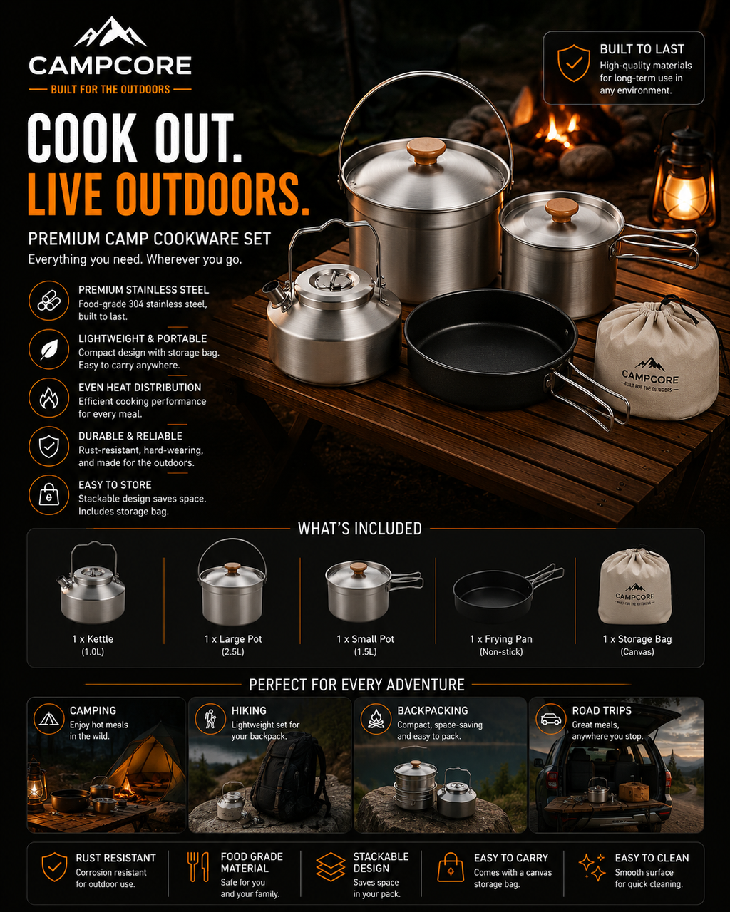CampCore 4-piece stainless steel camping cookware set