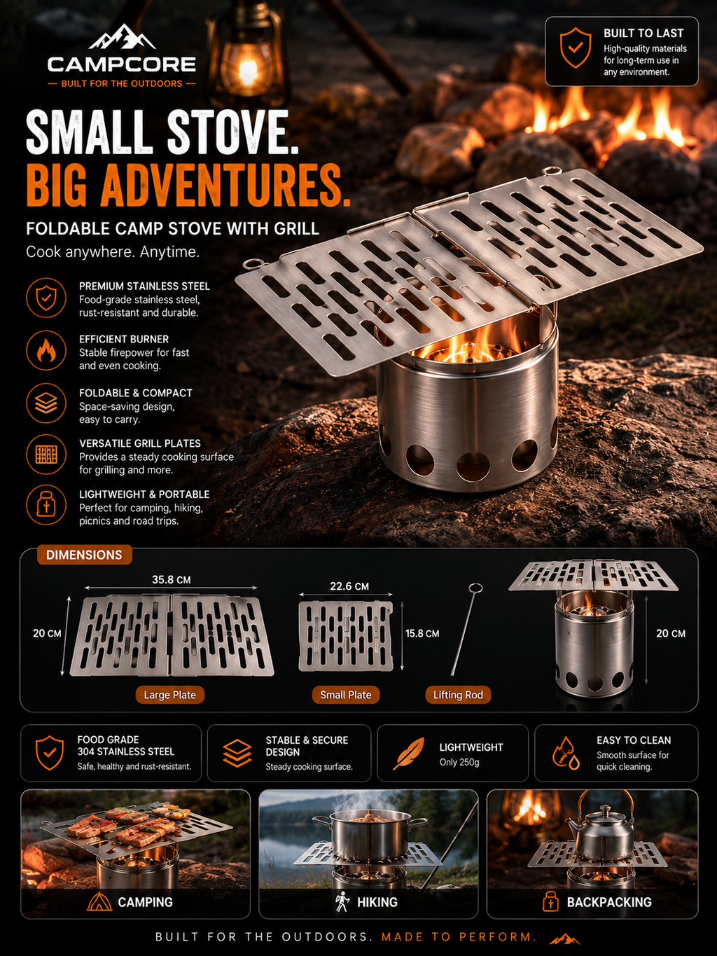 CampCore foldable stainless steel mini BBQ grill for camping