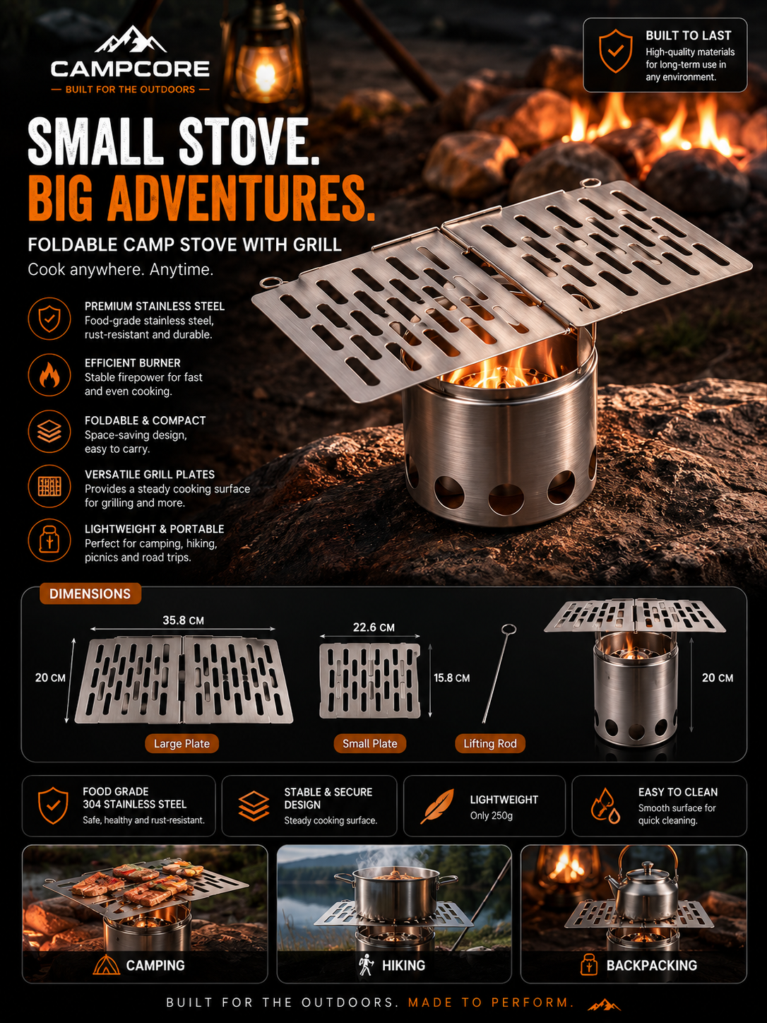 CampCore foldable stainless steel mini BBQ grill for camping