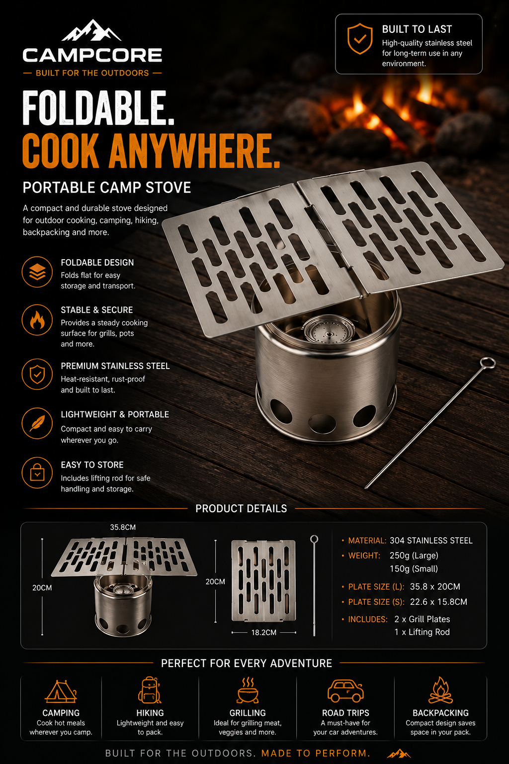 CampCore Foldable Stainless Steel Mini BBQ Grill