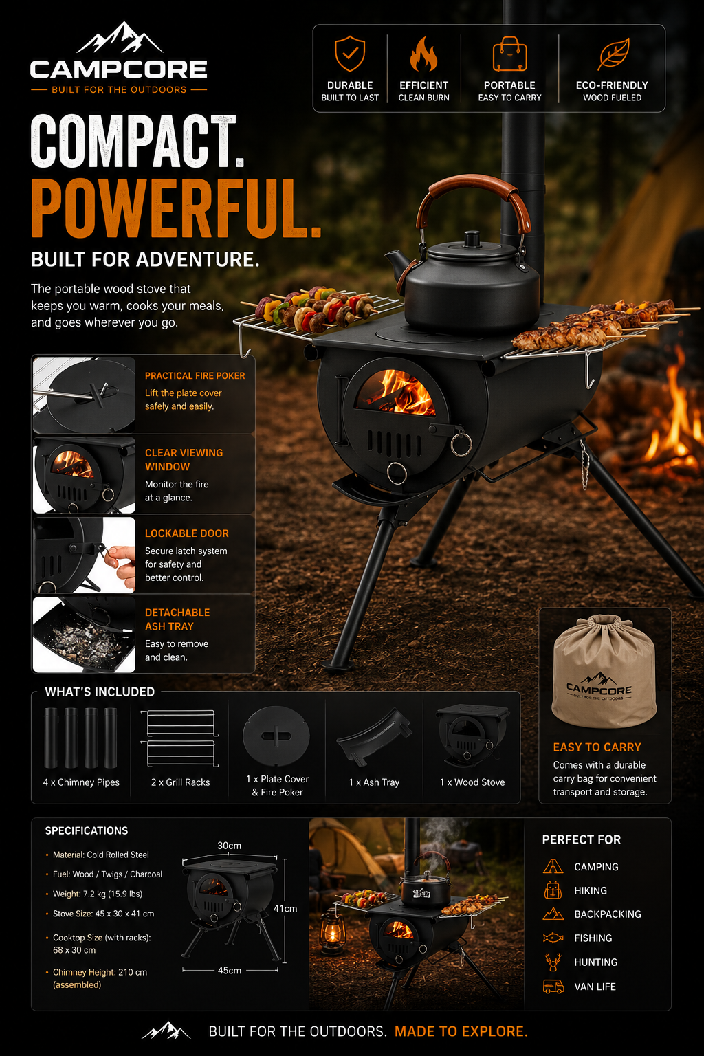 Portable Foldable Wood Burning Tent Stove With 5 Sections Chimney, Heavy Duty Carbon Steel Camping Stove With View Window & Cooking Racks For Outdoor Hunting Camping