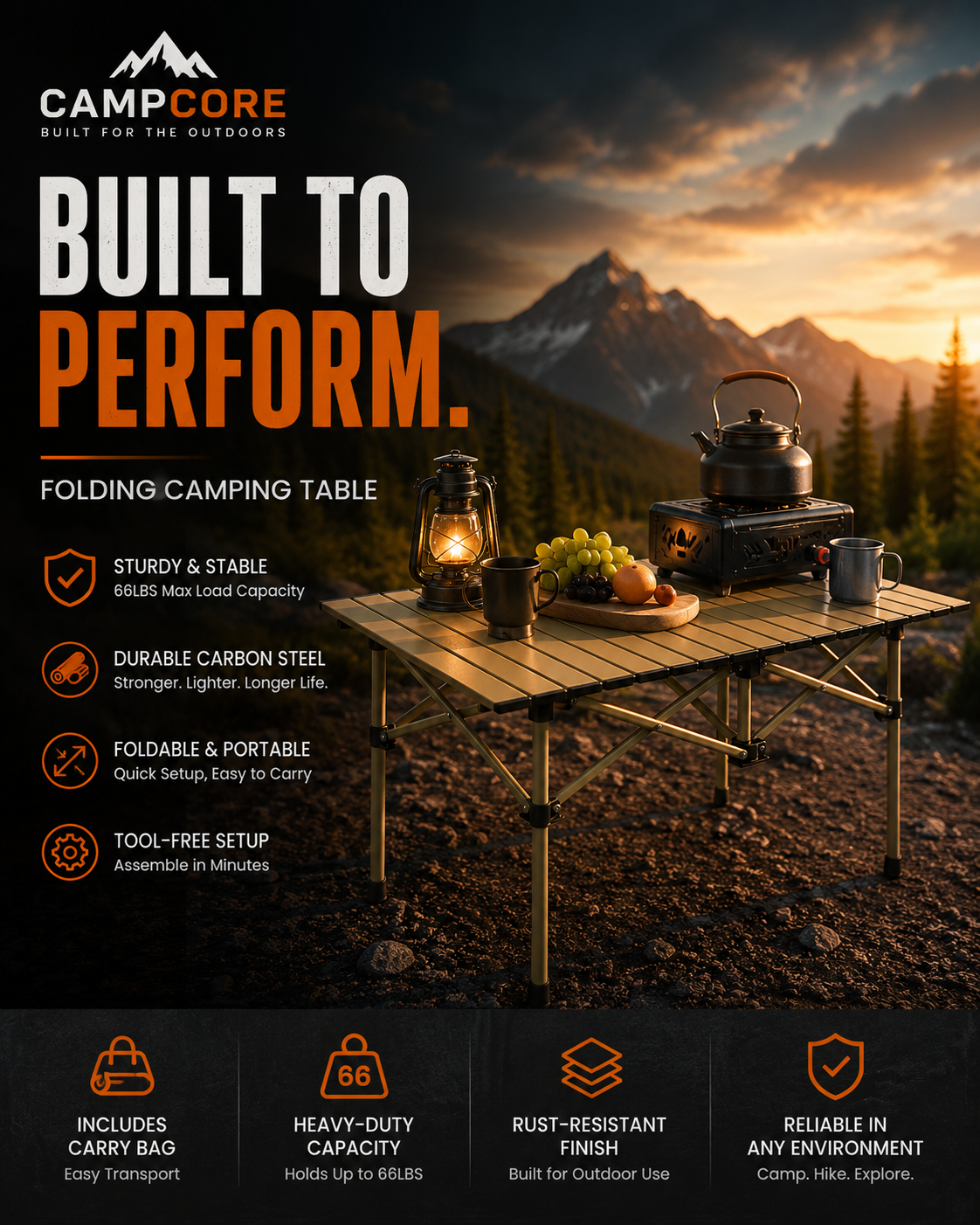 CampCore folding camping table for outdoor cooking and meals