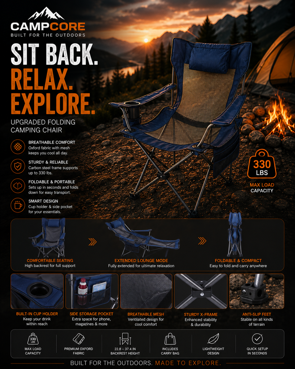 CampCore reclining foldable camping chair with cup holder