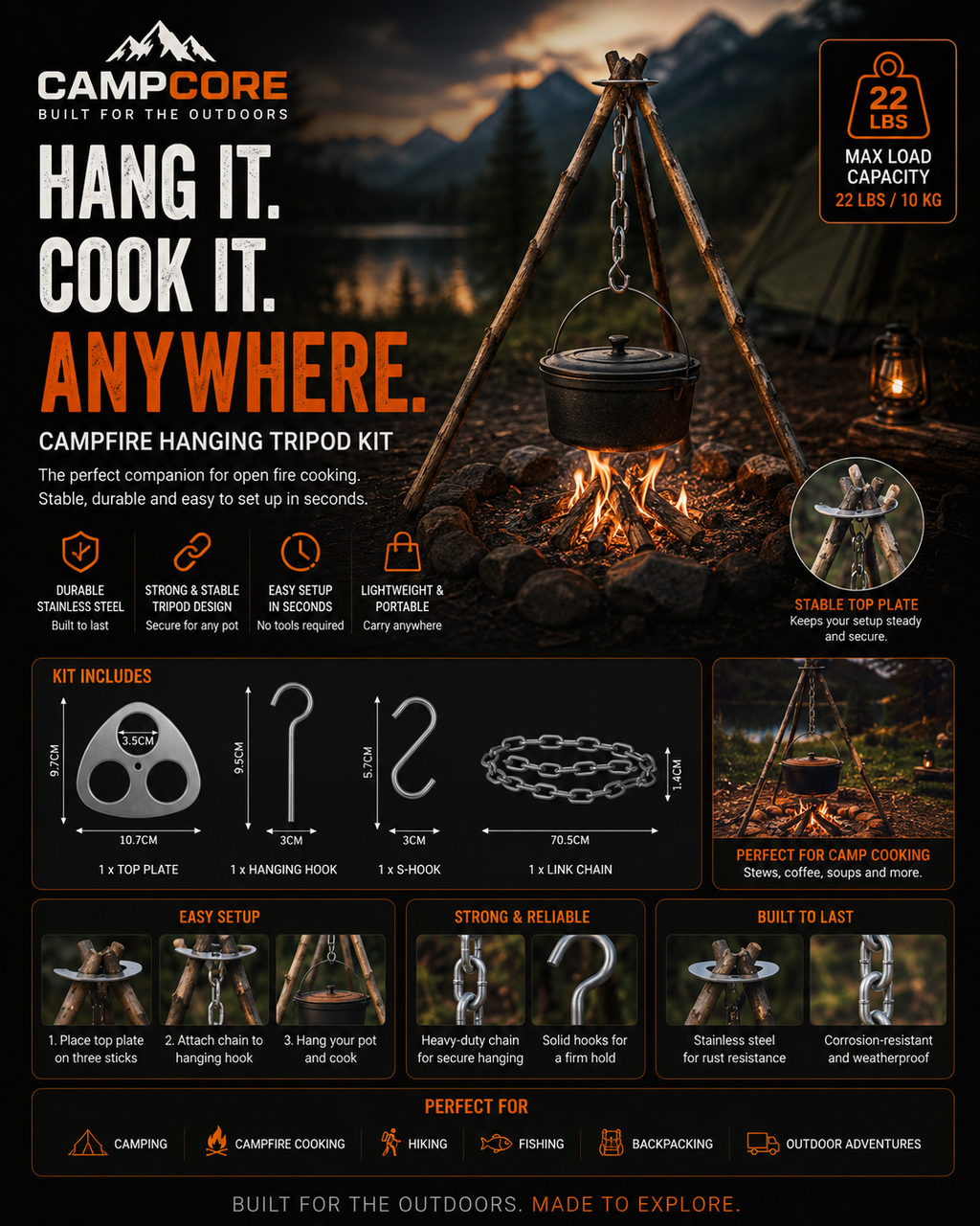 CampCore stainless steel campfire tripod and pot hanger