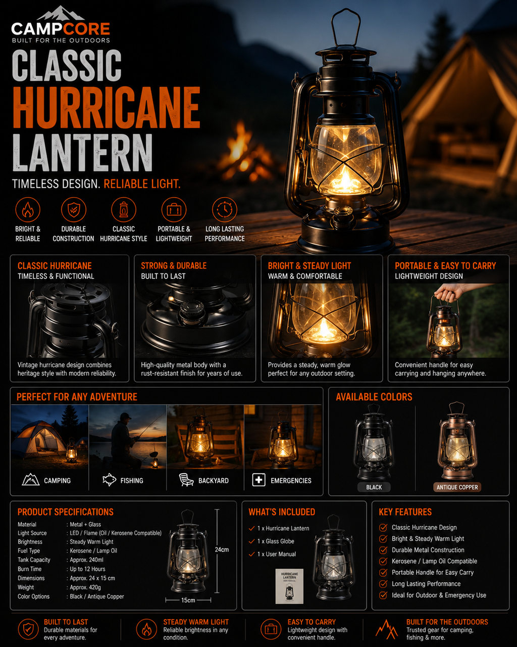 CampCore retro rechargeable LED camping lantern