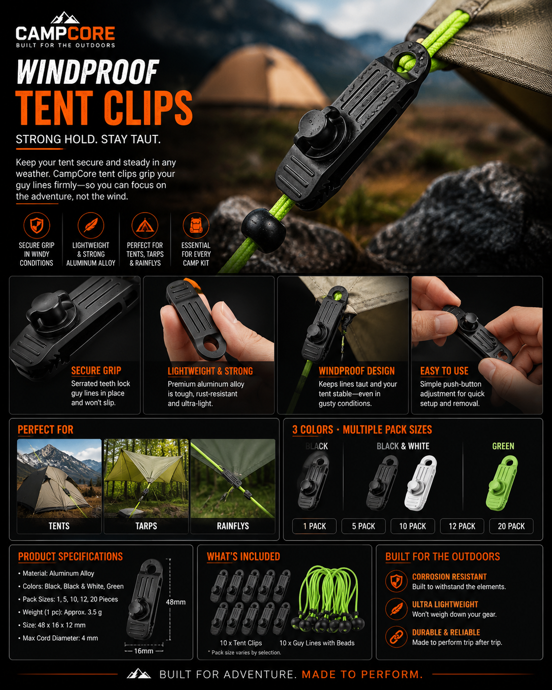 CampCore windproof aluminum tent clips for guy lines