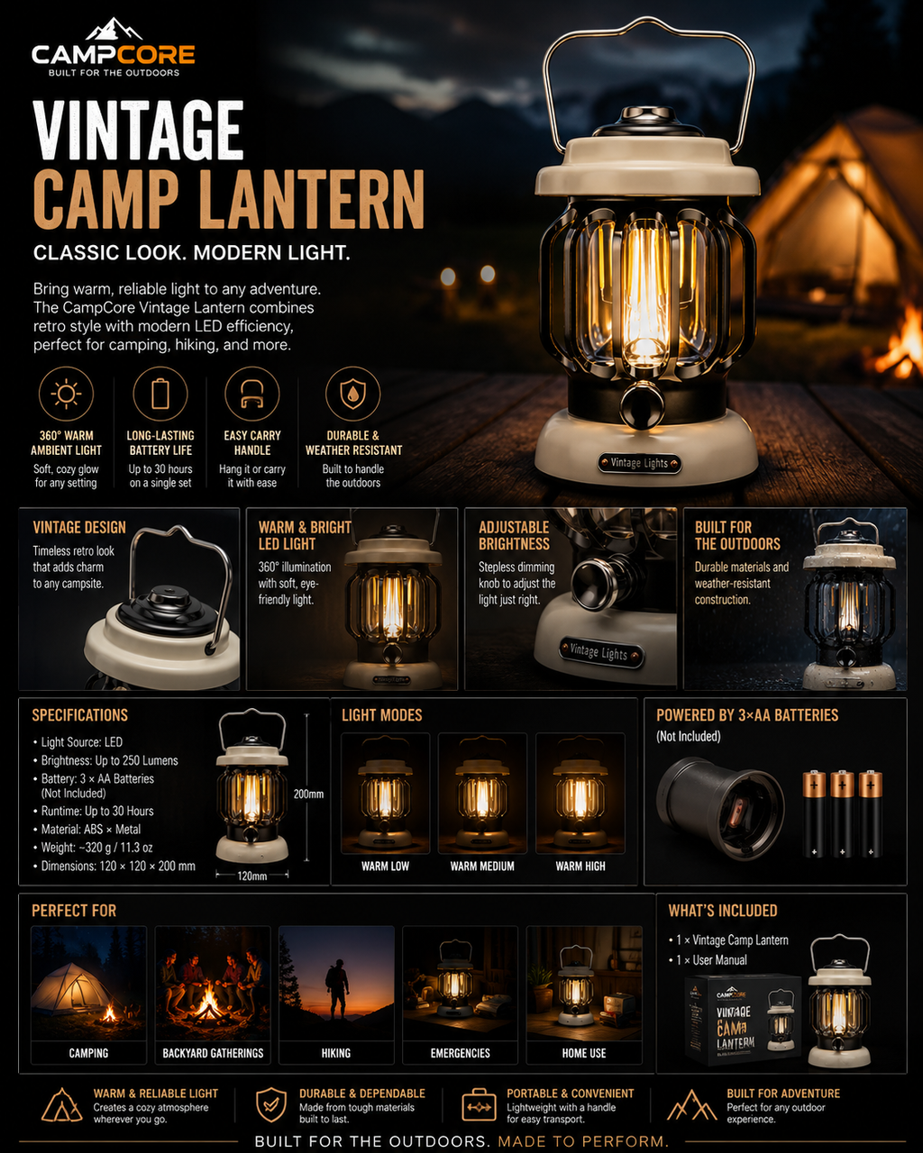 CampCore retro rechargeable tent lamp with warm LED light