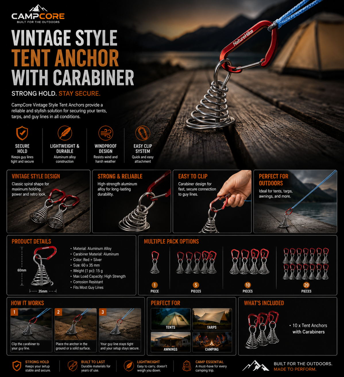 CampCore portable extendable tent anchors for camping