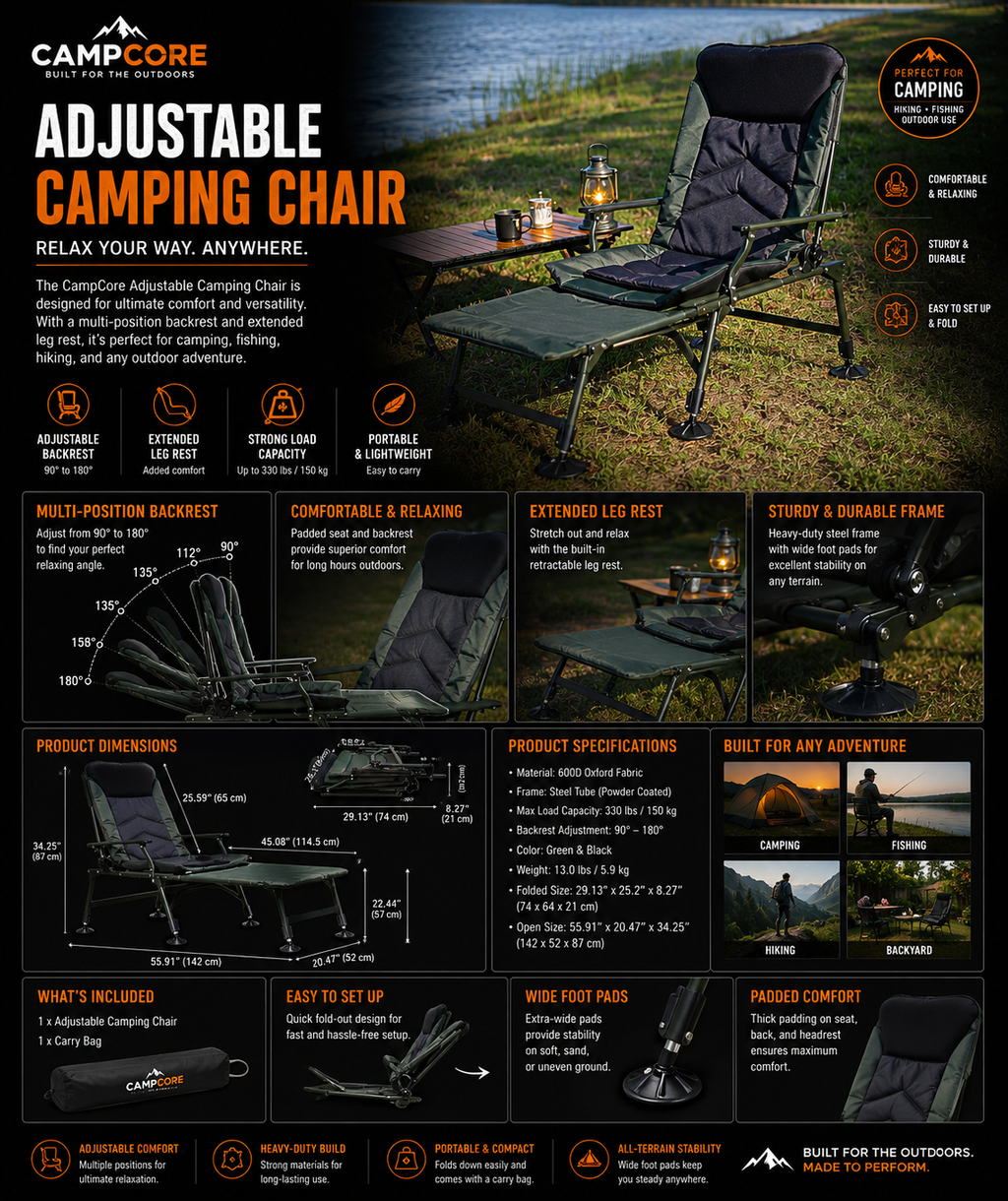 CampCore camping lounge chair with removable footrest