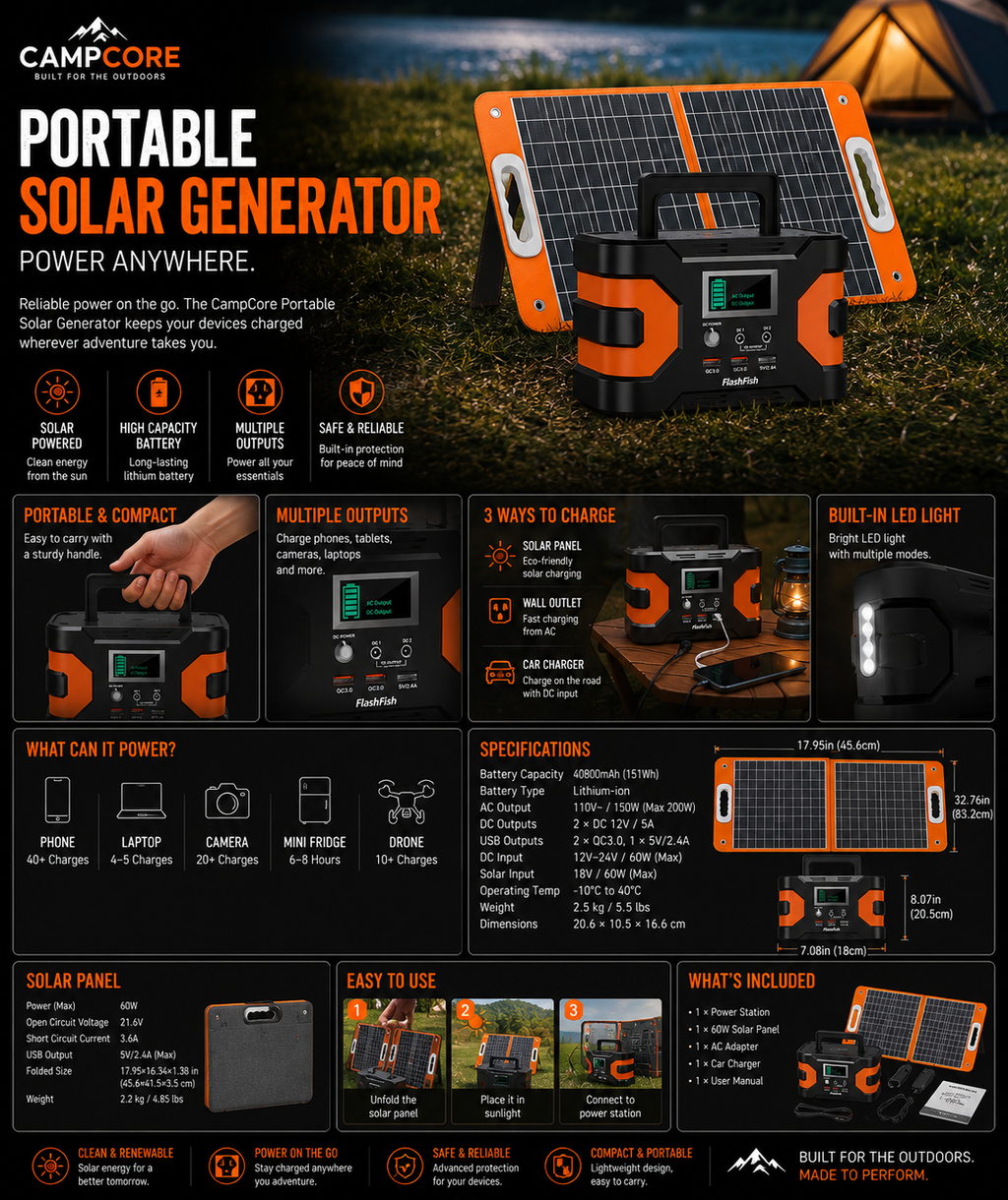 CampCore 200W Power Station with Solar Panel