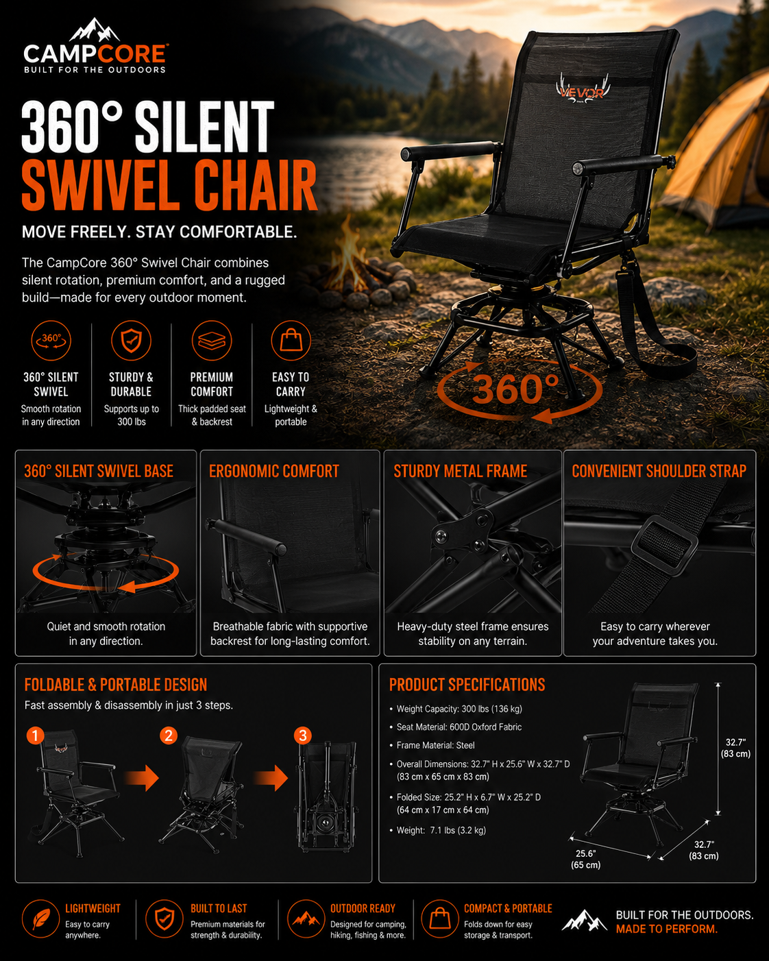 CampCore 360-degree swivel hunting chair with armrests
