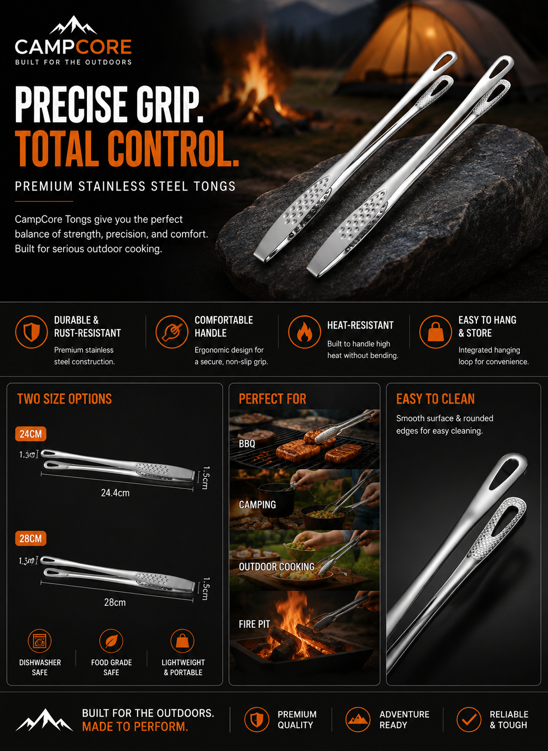 CampCore stainless steel BBQ tongs for grilling
