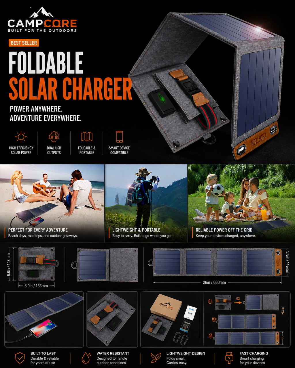 CampCore Solar Charger for Phones & Tablets
