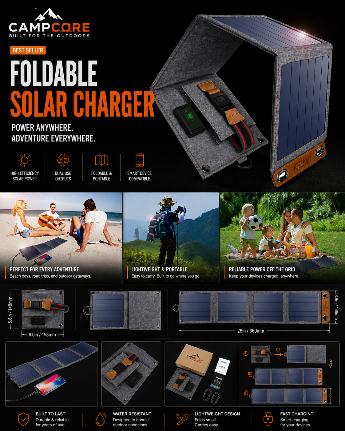 CampCore Solar Charger for Phones & Tablets