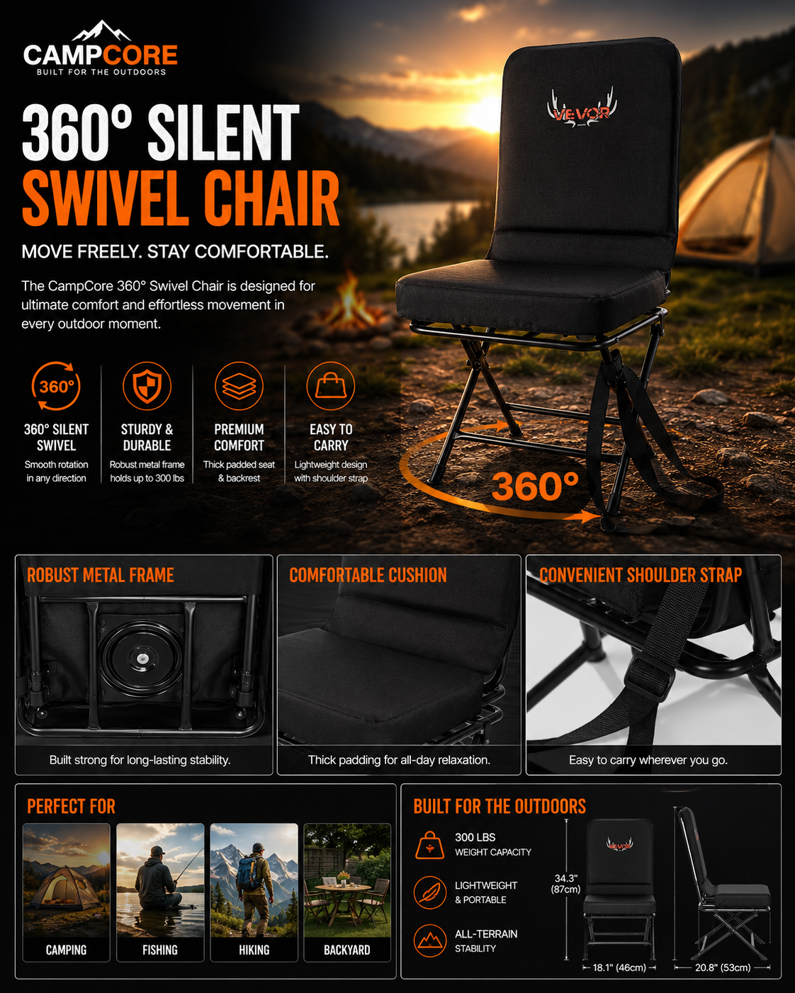CampCore 360-degree swivel hunting chair with shoulder strap